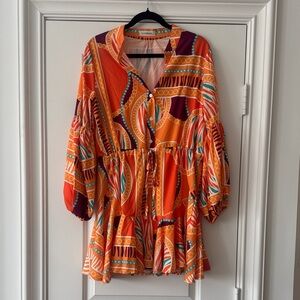 Lavender J Printed Boho Mini Dress l Orange Multi l Long Sleeve l Size M